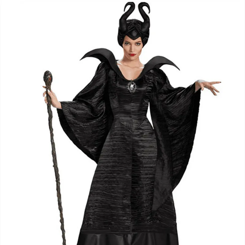 מליפיסנט המכשפה היפיפייה הנרדמת Cosplay תלבושות למבוגרים, נשים Hallowen תחפושות הרע שמלה שחורה קרן כובע תלבושת כובע, קסדה הוד - 0
