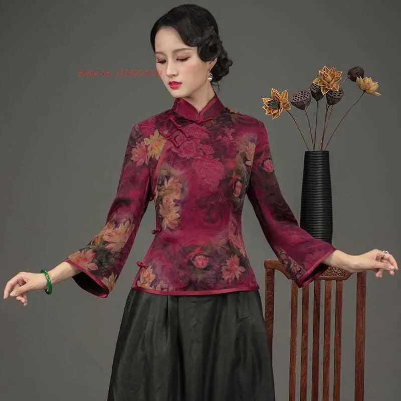 2023 וינטג 'סיני החולצה טאנג חליפת נשים אתני harajuku הלאומי פרח הדפסה סאטן צ' יפאו מזרחי תה שירות hanfu החולצה - 0