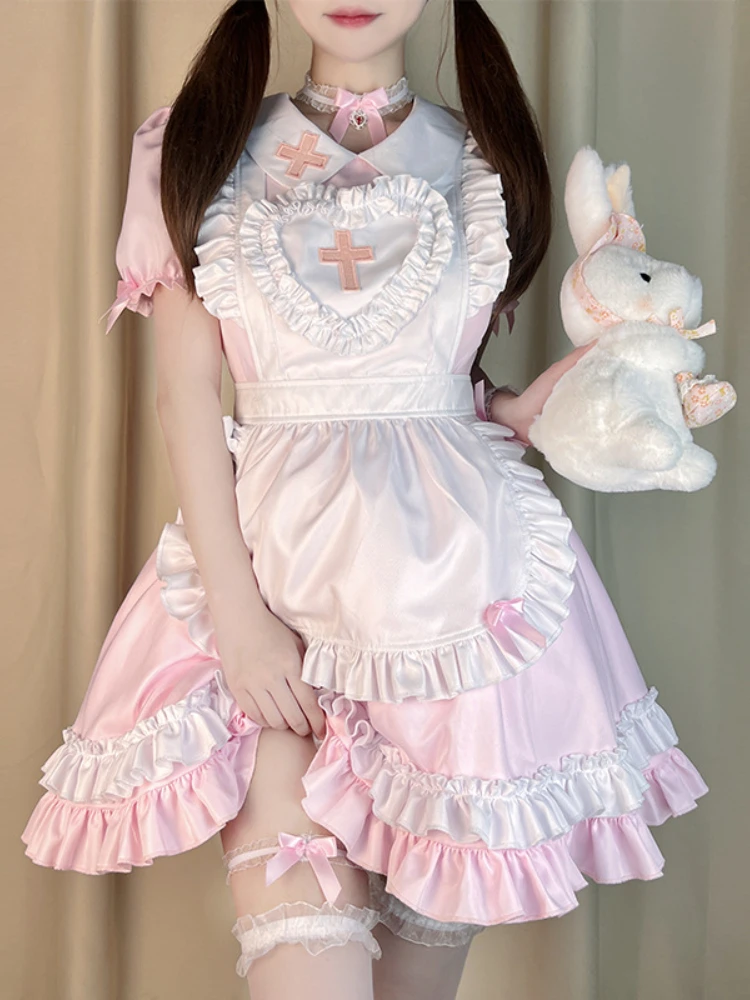 שמנת מתוקה ורוד שמלה לוליטה בחורה חמודה משרתות ללבוש את המדים עם שרוולים קצרים תלבושות אחות שמלות יפנית העוזרת שמלה לוליטה - 0
