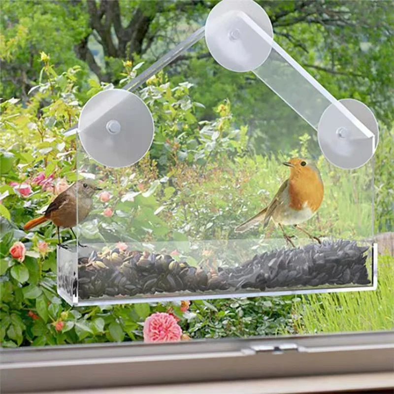 אקריליק שקוף הציפורים חלון הר עם כוס יניקה חזקה זרע מגש חיצוני ציפור מזין עבור פינץ ' החשמן הציפור הכחולה - 0