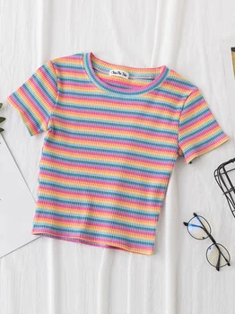 קיץ, שרוול קצר קוריאנית חולצה feminina בגדים מקסימום החדש חולצת נשים קשת פסים מקסימום Slim Fit t shirt חולצת טי Harajuku