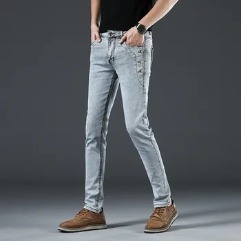 מותג האופנה כפתור כיס גברים ג 'ינס סטרץ מזדמן רזה רזה כותנה כחול בהיר & אפור כהה מעצב זכר מכנסי ג' ינס
