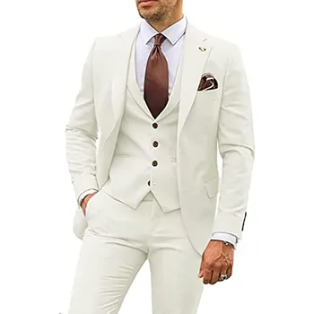 גברים חליפה 3 חלקים סט סלים מחורצים דש עסקי מזדמן מסיבת החתונה החתן חליפות מעיל האפוד עם מכנסיים