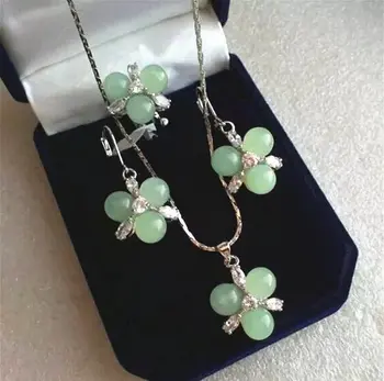 סיטונאית אופנה חדשה עיצוב תכשיטים 3 אור ירוק אבן טבעית חרוזים פרח תליון עגילים & הטבעת(#7.8.9) תכשיטים סטים