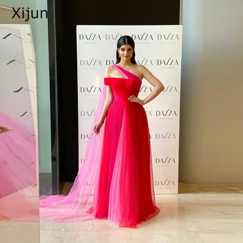 Xijin אלגנטי ארוך כתף אחת שמלות ערב שיפון אדום ורוד שמלה קו A שמלות לנשף באורך רצפת 2023 דובאי רשמי