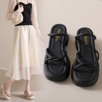קוריאני אופנה אלגנטית סנדל ליידי משרד 2023 קיץ בציר מוצק החלקה נעלי משאבות החוף סגנון רך נעלי פלטפורמה אישה