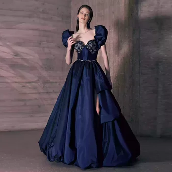 כחול חצות אסימטרי טפטה שמלות לנשף ניצוץ מחוך רקום נפוח שרוולי חרך רשמית 2023 שמלה שמלת ערב