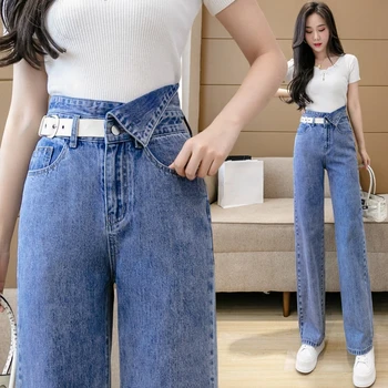בציר כחול ישר נשים ג ' ינס רחב רגל סרבל מכנסיים עם חגורת מכנסיים ארוכים גבוהים מותניים אלסטי כיסי רוכסן מכנסיים נקבה