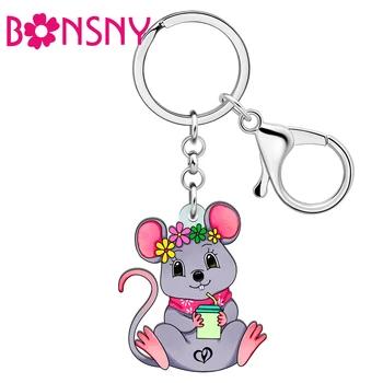 Bonsny אקריליק אביב קיץ פרח חמוד מיץ לחצן העכבר הטבעת מחזיקי מפתחות מחזיקי מפתחות הרכב התיק קמעות עבור נשים בנות מתנות