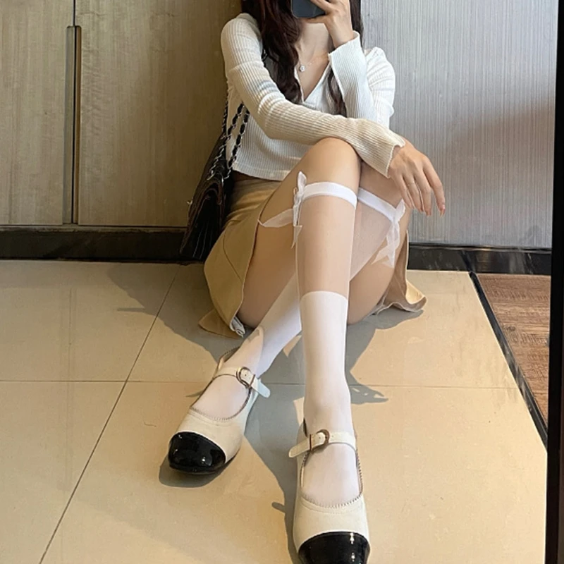 בסגנון יפני צרופה תפרים בברך גבוהה גרביים Harajuku נשים מתוק פסים סרט קשת רשת עגל גרביים 37JB - 1