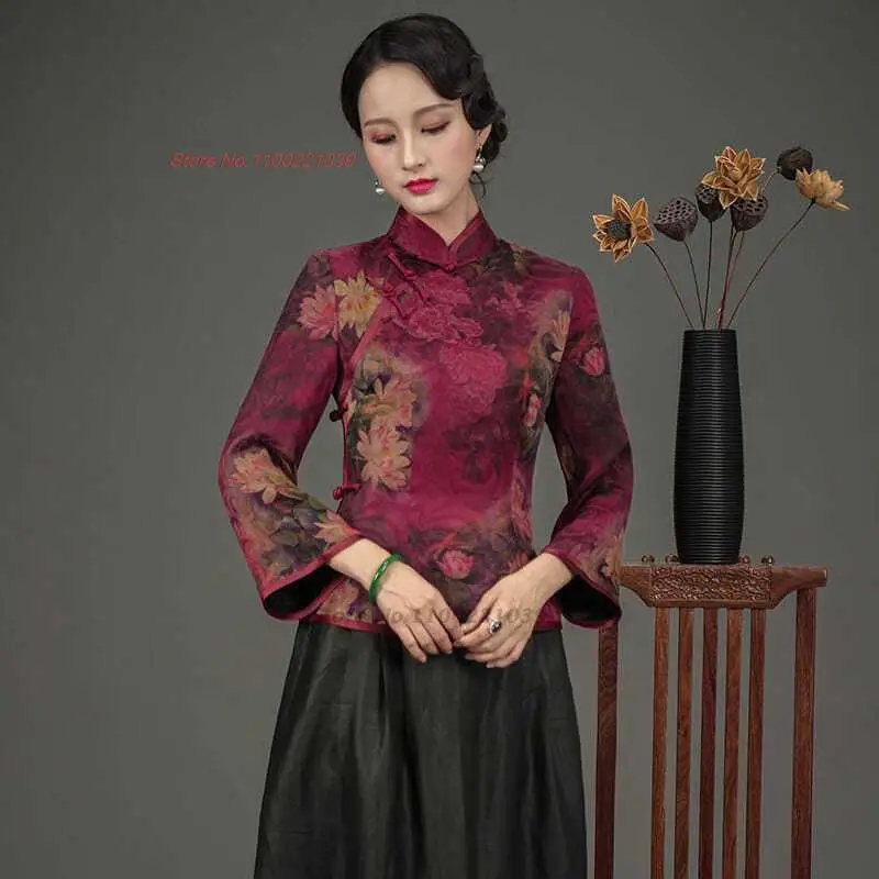 2023 וינטג 'סיני החולצה טאנג חליפת נשים אתני harajuku הלאומי פרח הדפסה סאטן צ' יפאו מזרחי תה שירות hanfu החולצה - 1