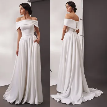 Bateau סאטן קו שמלת חתונה רוכסן רכבת לטאטא בהזמנה אישית בתוספת גודל תחרה עד 2021 זמן פשוט כתפיים חשופות שמלות כלה