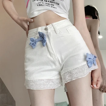 בסגנון יפני טרי מתוק של ילדה גבוהה המותניים הרזיה דנים לבן שולי תחרה גזוז מכנסיים קצרים מזדמנים מכנסיים נשים, קיץ