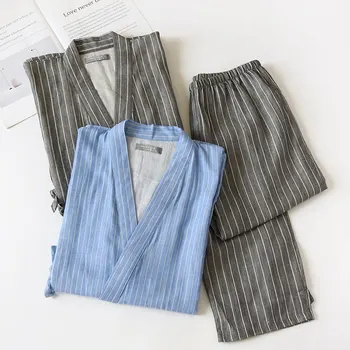 גבר יפני מסורתי קימונו סט פיג 'מה פסים הדפסה V-צוואר רופף סגנון כותנה הלבשת לילה שלושת רבעי מכנסי פיג' מה
