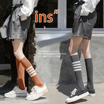 זוהר העתיד JK עגל גרבי נשים מוצק יפנית ארבעה ברים כותנה טהורה רגליים ארוכות שחור עגל גרביים סתיו צילינדר Socken