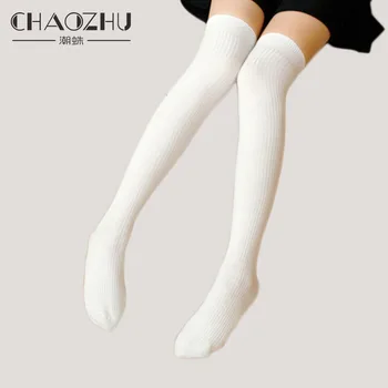 CHAOZHU יפנית Kawaii בנות תיכון סגנון סתיו חורף לעבות הברך גבוה גרביים ארוכות צלעות כותנה, צמר פלוס הגרביונים