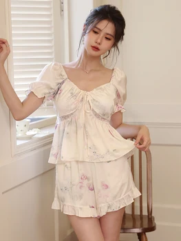נשים קוריאני קפלים משי פיג 'מה נשים קיץ מתוק צרפתית הדפס שרוול קצר שני חלקים הביתה חליפת פיג' מות הנסיכה Loungewear