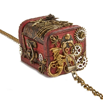 Steampunk תיק קטן נשים תכליתי וינטג ' ילקוט פאנק הגותי הילוכים עץ חיצוניים ארנק עם שרשרת