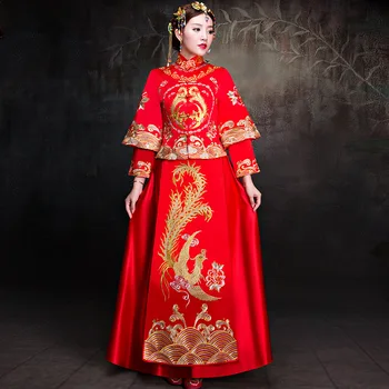 כלה חתונה שמלה הסינית מסורתית בסגנון תחפושת פיניקס cheongsam רקמה בגדי יוקרה המלכותית העתיקה אדום שמלת צ ' יפאו