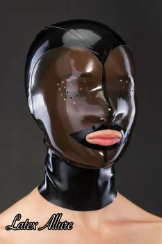 100% Latex ברדס שחור ושקוף לעוף עין לפתוח את הפה במסכה עם גב רוכסן גומי גומי בעבודת יד Cosplay תלבושות מותאם אישית