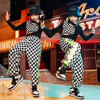 TeenageJazz תחפושת היפ הופ בנות ביגוד משובץ גג שחור אופנת רחוב מכנסיים לילדים ביצועים מודרניים לרקוד בגדים