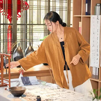 הקיץ 2023 מיושן סיני בגדים מקסימום זן תה בעמידה צווארון סיני בסגנון וינטג ' קט, חולצה חולצות לנשים