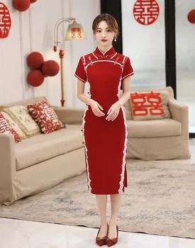 קיץ, שרוול קצר סאטן אדום צ ' יפאו אופנה סינית Wdding שמלה אלגנטית גברת Cheongsam חצאית לנשים Vestidos