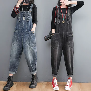 בציר אוברול ג 'ינס נשים קיץ 2023 סגנון קוריאני הרמון מכנסיים רופפים שטף סרבל ג' ינס מקרית כל התאמה Rompers כיסים
