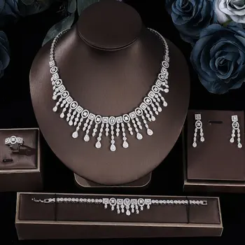 ניגריה 4pcs כלה Zirconia תכשיטים מגדיר עבור נשים, מסיבת יוקרה בדובאי ניגריה CZ קריסטל תכשיטים לחתונה סטים