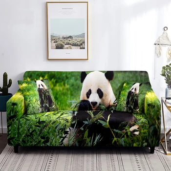 פנדה ספה הכיסוי של בעלי חיים חמודים ירוק במבוק דפוס למתוח ספה לכיסוי Slip שאינם רחיץ רהיטים מגן על הסלון