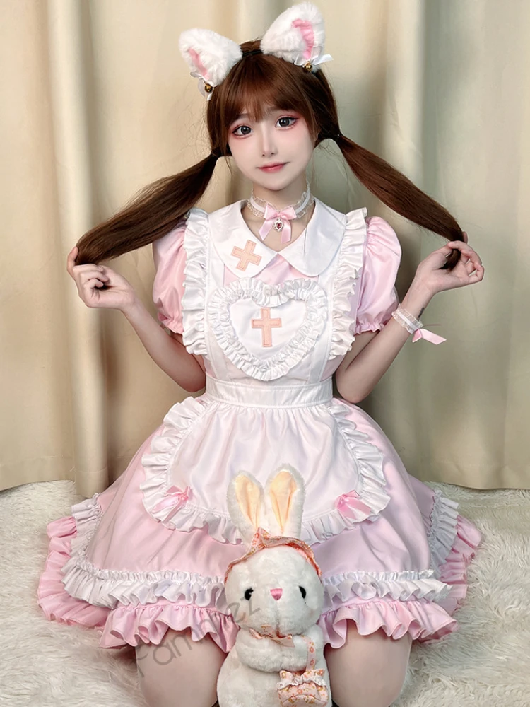 שמנת מתוקה ורוד שמלה לוליטה בחורה חמודה משרתות ללבוש את המדים עם שרוולים קצרים תלבושות אחות שמלות יפנית העוזרת שמלה לוליטה - 2