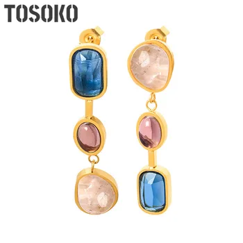 TOSOKO תכשיטי נירוסטה מצופה קריסטל זכוכית, אבנים חדות עגילים של נשים מותאמות אישית עגילים BSF733
