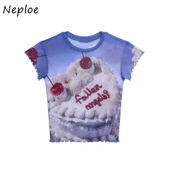 Neploe אי-הבנות דובדבן עוגת מודפס שרוול קצר חולצה מקופלת רשת דק Slim Fit העליון Y2K Fairycore אופנת רחוב 2000 ו-Tees צוואר