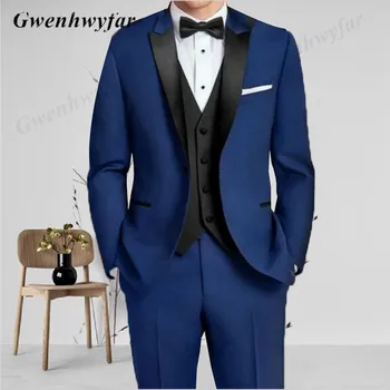 Gwenhwyfar Slim Fit גברים כחולים חליפות טוקסידו שחור עם שיא דש החתן מסיבת חתונה בלייזר מכנסיים וסט 2022 תחפושת Homme