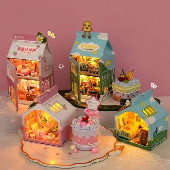 חדשות DIY עץ מיני עוגה השינה Casa בתי בובות מיניאטורי בניית ערכות עם ריהוט אור בובות צעצועים למבוגרים מתנות