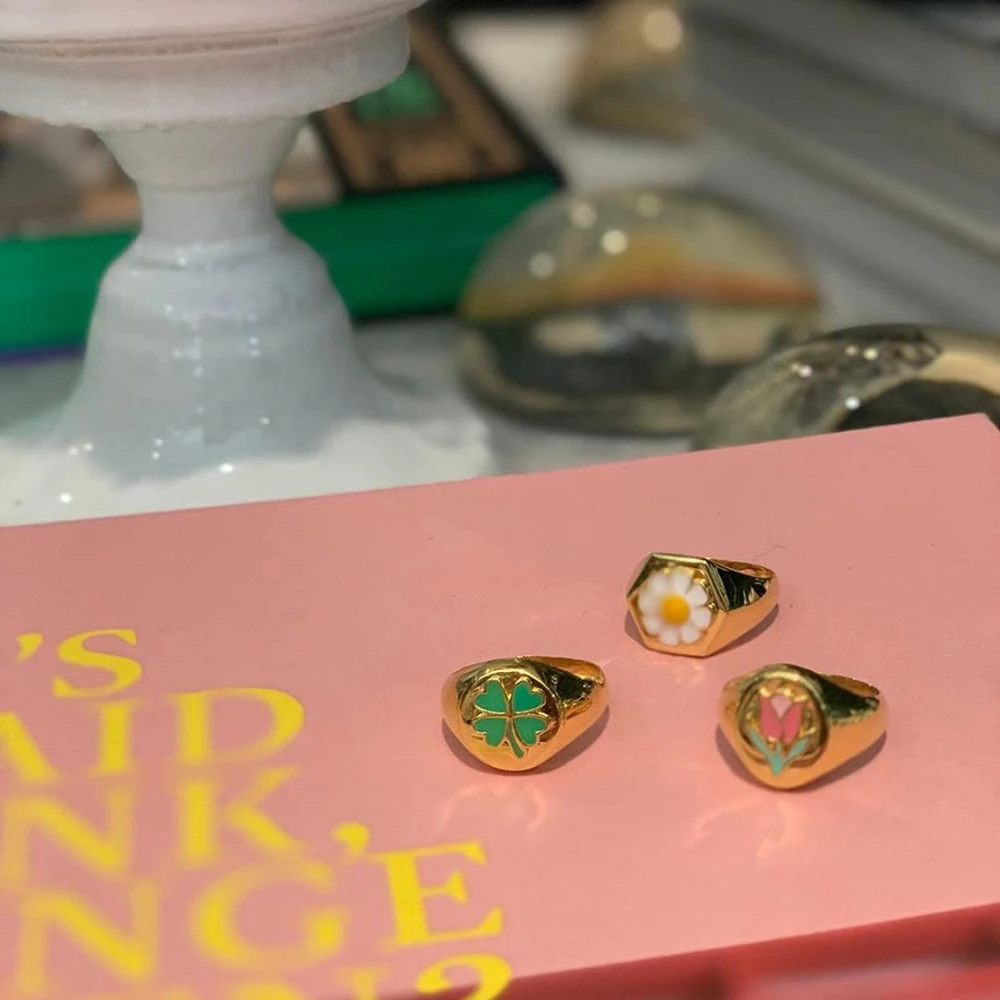 חדש תוספות יצירתי פרח מתוק טבעת וינטג ' מצופה זהב נחושת פרח לב טבעות לנשים בנות אופנה תכשיטים מתנה - 3