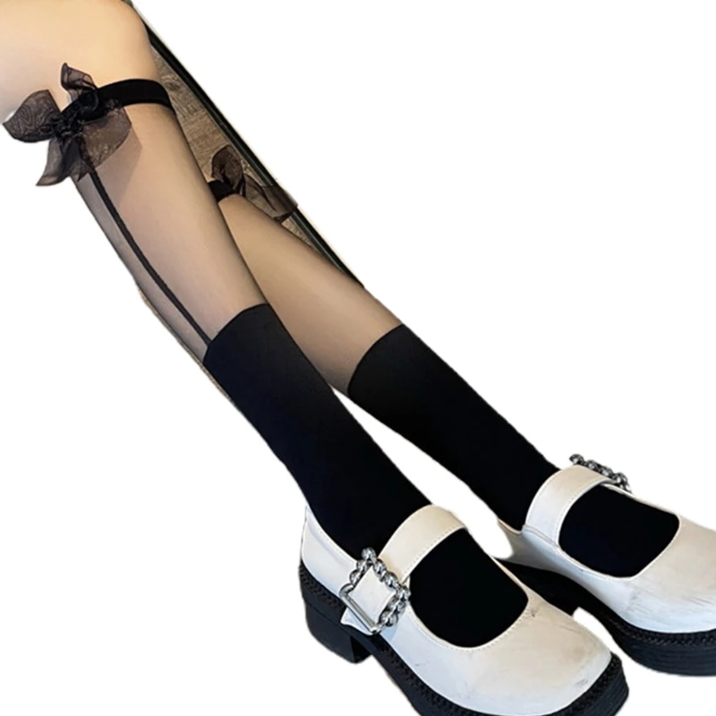 בסגנון יפני צרופה תפרים בברך גבוהה גרביים Harajuku נשים מתוק פסים סרט קשת רשת עגל גרביים 37JB - 3