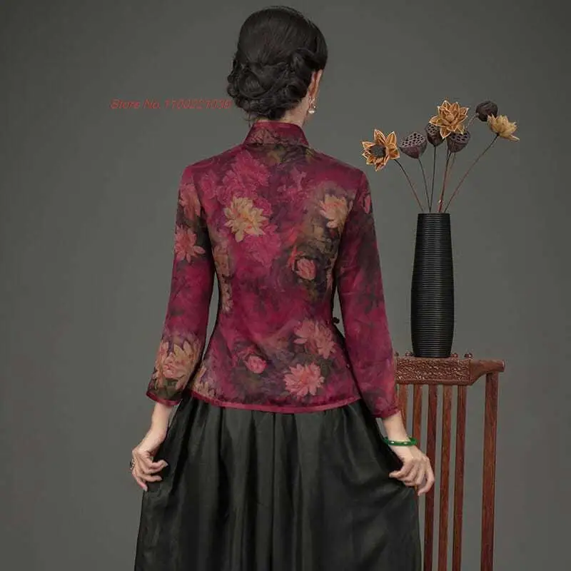 2023 וינטג 'סיני החולצה טאנג חליפת נשים אתני harajuku הלאומי פרח הדפסה סאטן צ' יפאו מזרחי תה שירות hanfu החולצה - 3