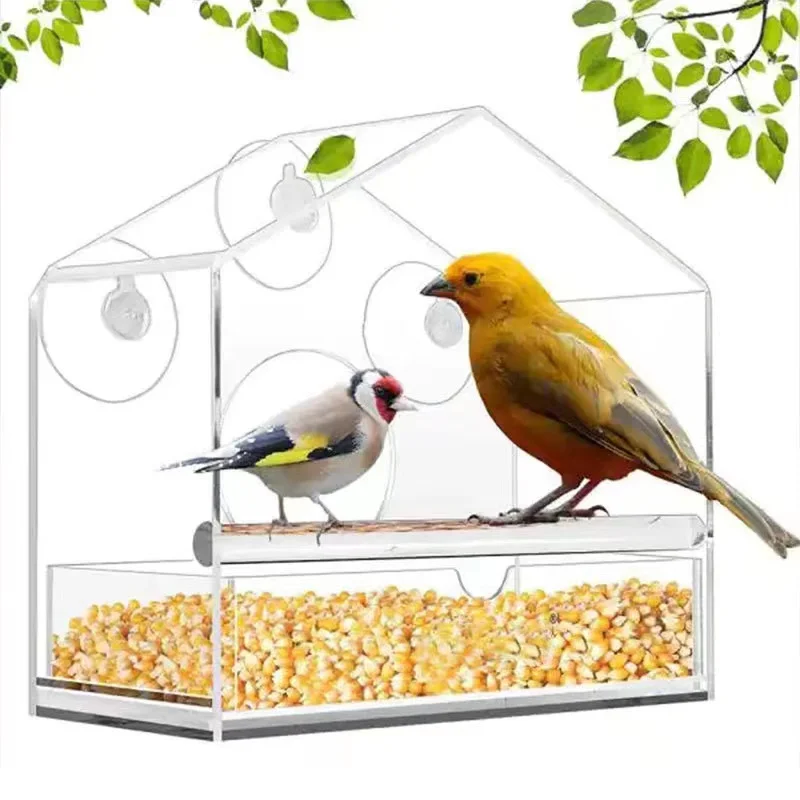 אקריליק שקוף הציפורים חלון הר עם כוס יניקה חזקה זרע מגש חיצוני ציפור מזין עבור פינץ ' החשמן הציפור הכחולה - 3