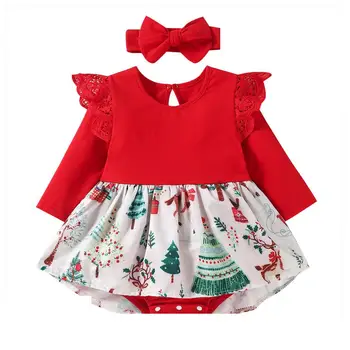 תינוק חג המולד שמלת ילדה מצח תינוק תינוק ילד ילדה תחרה שרוול ארוך חצאית שמלת נסיכה בגדי תינוק