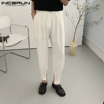 INCERUN 2023 סגנון קוריאני חדש גברים מכנסיים רפויים ישר מכנסיים מזדמנים אופנת רחוב מוצק כל-התאמה פיצול Pantalons S-5XL