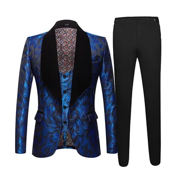 גברים הרשמית של חליפות כחולות אקארד שחור צווארון 3 חתיכה Slim Fit החליפה עם אפוד, מכנסיים תלבושות חתונה השושבינים אופנה סטים