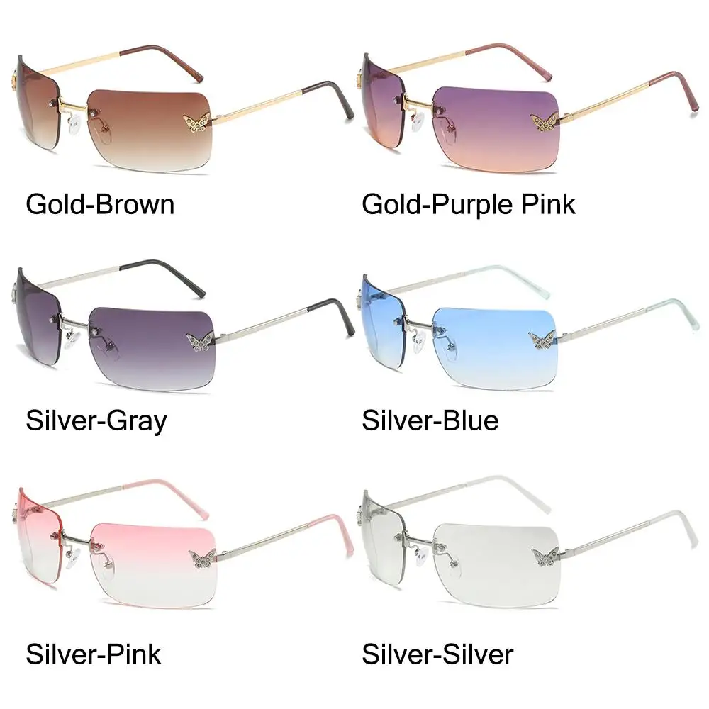 Y2K משקפי שמש לנשים ריינסטון פרפר משקפי שמש רטרו ללא שפה מלבן משקפי שמש וינטג ' גוונים נסיעות החוף Eyewear - 4