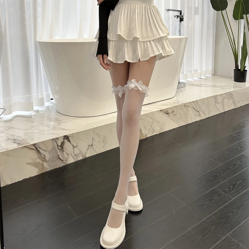 2023New לבן משי שחור Bowknot גרביים לילדים יפנית JK באורך הברך גרביים סקסיות תחרה גבוה ירך גרביונים - 4
