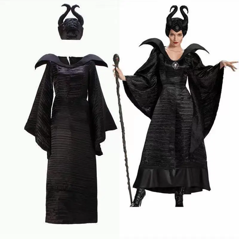 מליפיסנט המכשפה היפיפייה הנרדמת Cosplay תלבושות למבוגרים, נשים Hallowen תחפושות הרע שמלה שחורה קרן כובע תלבושת כובע, קסדה הוד - 4