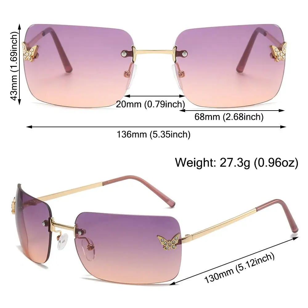 Y2K משקפי שמש לנשים ריינסטון פרפר משקפי שמש רטרו ללא שפה מלבן משקפי שמש וינטג ' גוונים נסיעות החוף Eyewear - 5
