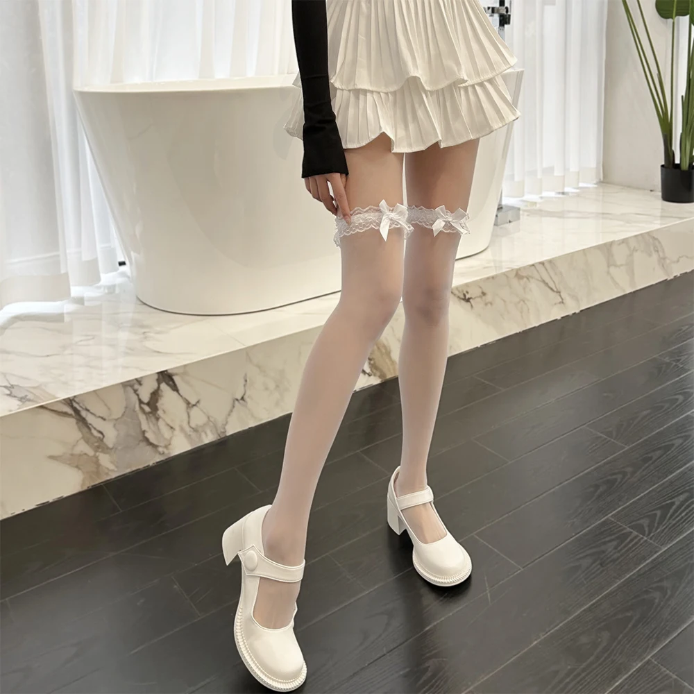 2023New לבן משי שחור Bowknot גרביים לילדים יפנית JK באורך הברך גרביים סקסיות תחרה גבוה ירך גרביונים - 5