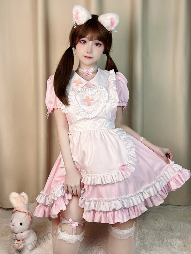 שמנת מתוקה ורוד שמלה לוליטה בחורה חמודה משרתות ללבוש את המדים עם שרוולים קצרים תלבושות אחות שמלות יפנית העוזרת שמלה לוליטה - 5