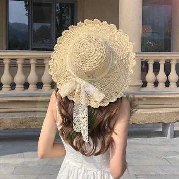 בקיץ כובע נשים שמש כובע מתקפל חלול תחרה לקצץ כובע קש בנות נסיעות חיצונית שוליים רחבים, שטחי כובע דלי כובעים החוף הכובע