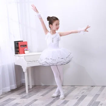 הילדים החדשים ביצועים שמלת הברבור הקטן ריקוד חצאית ילדה ילדים תחרות שמלה לבנה בלט רצועת פלאפי חצאית בלט השמלה